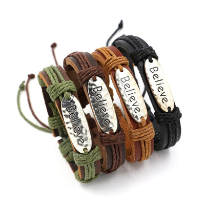 Alloy Letter Bangle Leather Bracelet